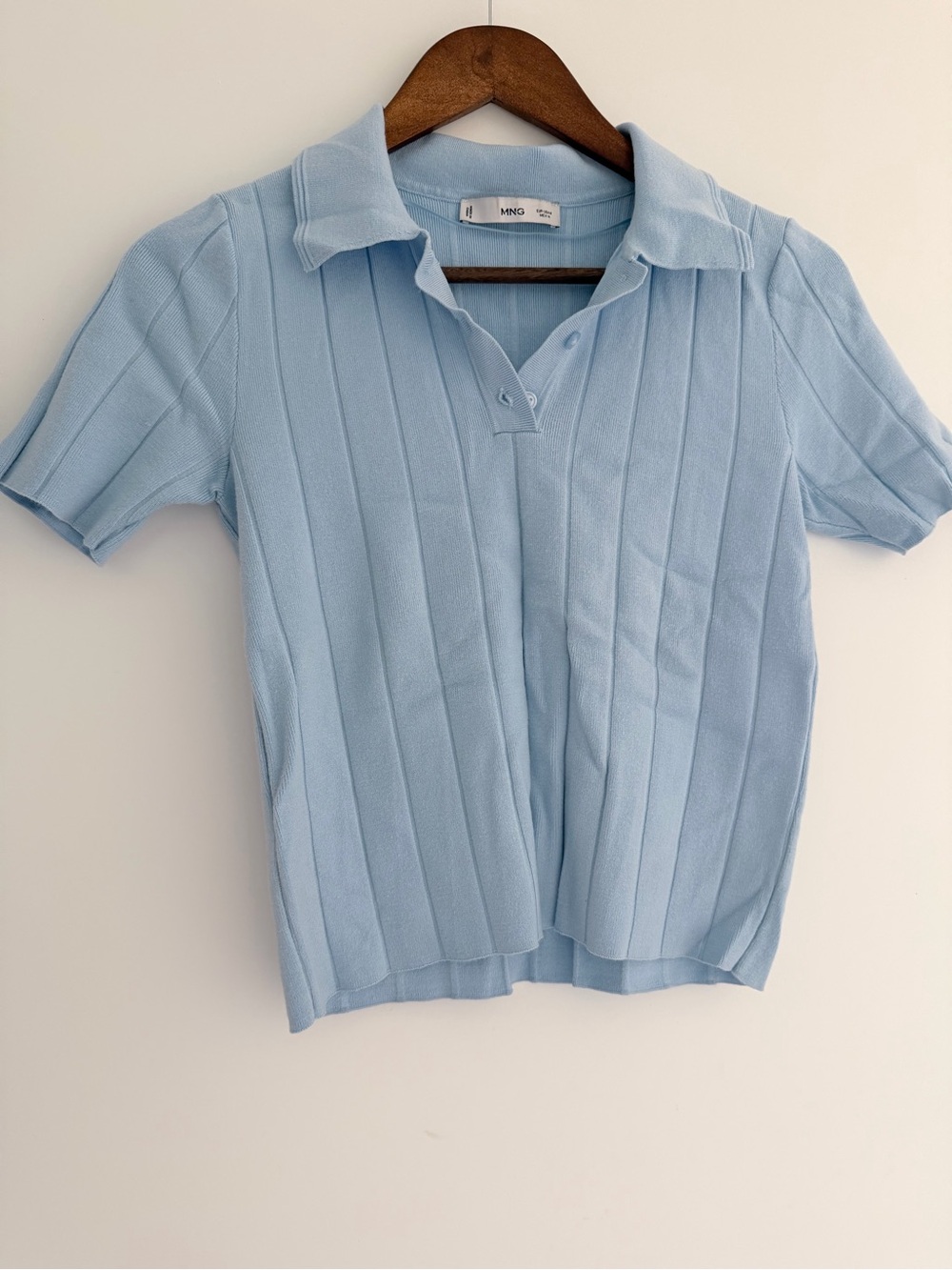 Mango Pale Blue Ribbed Short Sleeve Polo